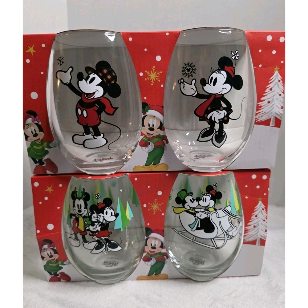 4 Disney Mickey‎ Minnie Mouse Christmas  Holiday Stemless Glasses